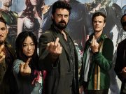 A partire da sinistra: Tomer Capone (Frenchie), Karen Fukuhara (Kimiko), Karl Urban (Billy Butcher), Jack Quaid (Hughie Campbell) e Laz Alonso (Latte Materno)